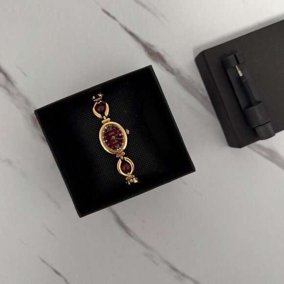 SKU:0110 cute gold burgundy mini watch gold bracelet burgundy stone +in gift bag main image 4